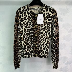 CELINE sleeveless leopard print high collar cashmere vest + cardigan